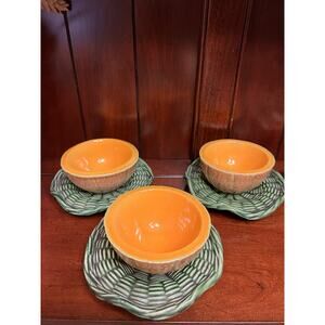 Arcadia Ceramics VTG Melon Bowl with Green Weave Woven Plates Set of 3